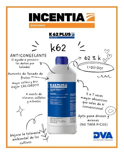 Botella de anticongelante líquido K62 PLUS con notas manuscritas. Características: 62% K, líquido, apto para drones.