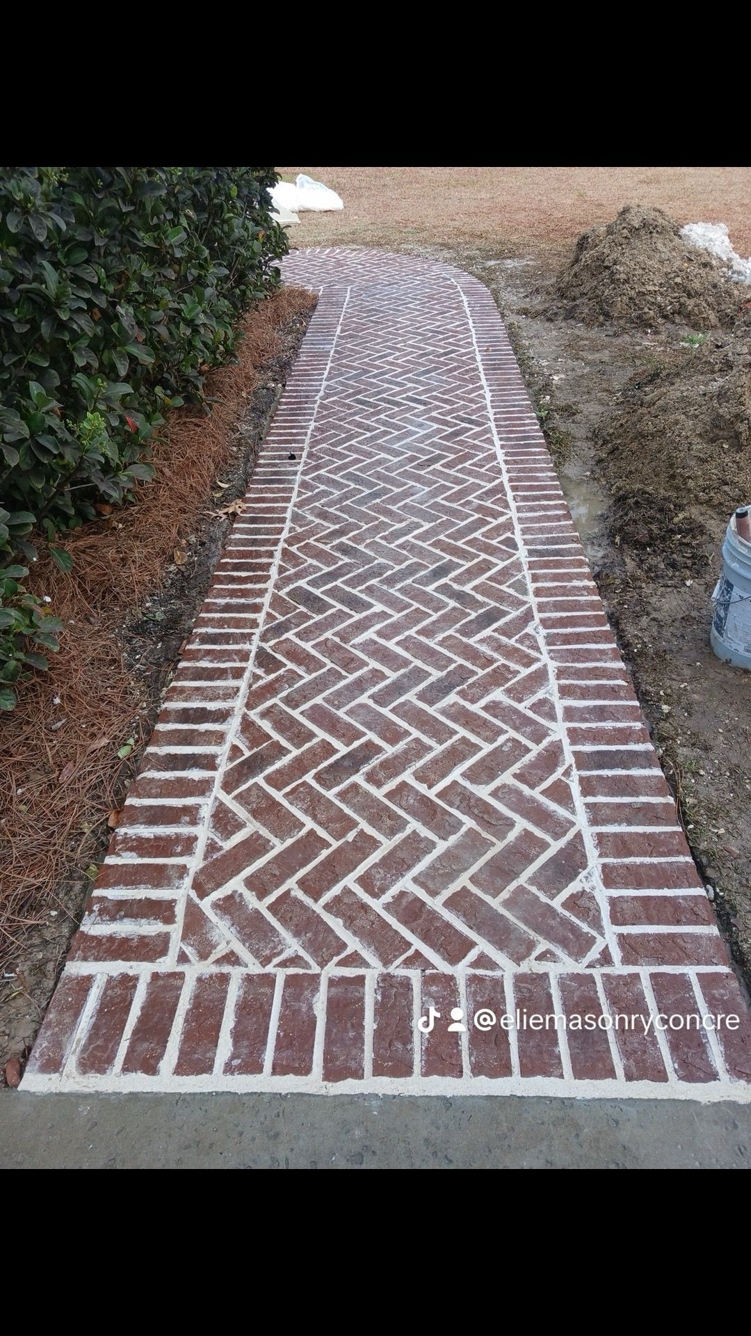 Brick pathway with herringbone pattern bordered by straight rows of bricks.