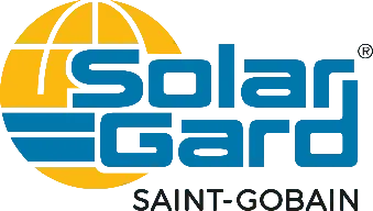 The solar gard saint gobain logo is blue and yellow.