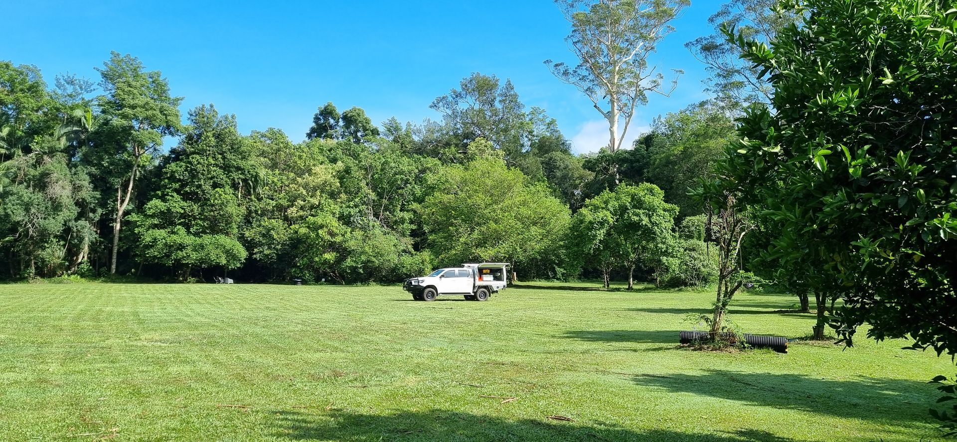 White Truck Parked in a Grassy Field Surrounded — Next Step Surveying in Noosa, QLD