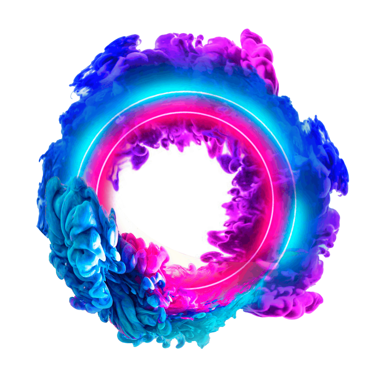 un círculo de humo azul y púrpura