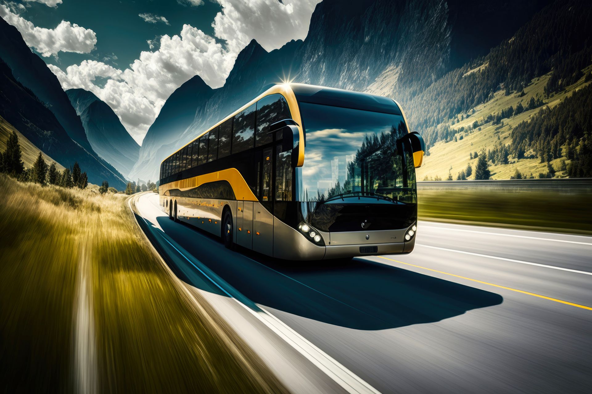 A bus is driving down a road with mountains in the background