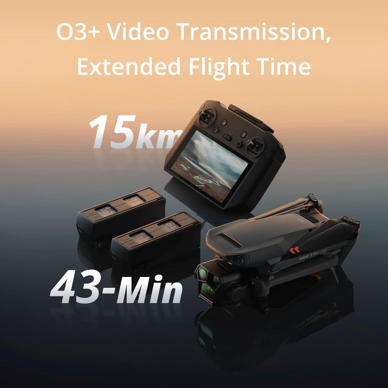 A picture of a drone with the words 03+ video transmission extended flight time 43 min