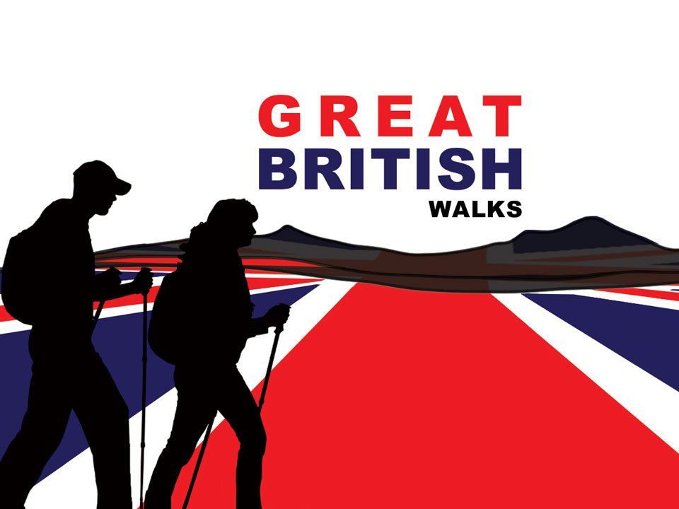 A poster for great british walks with two people walking