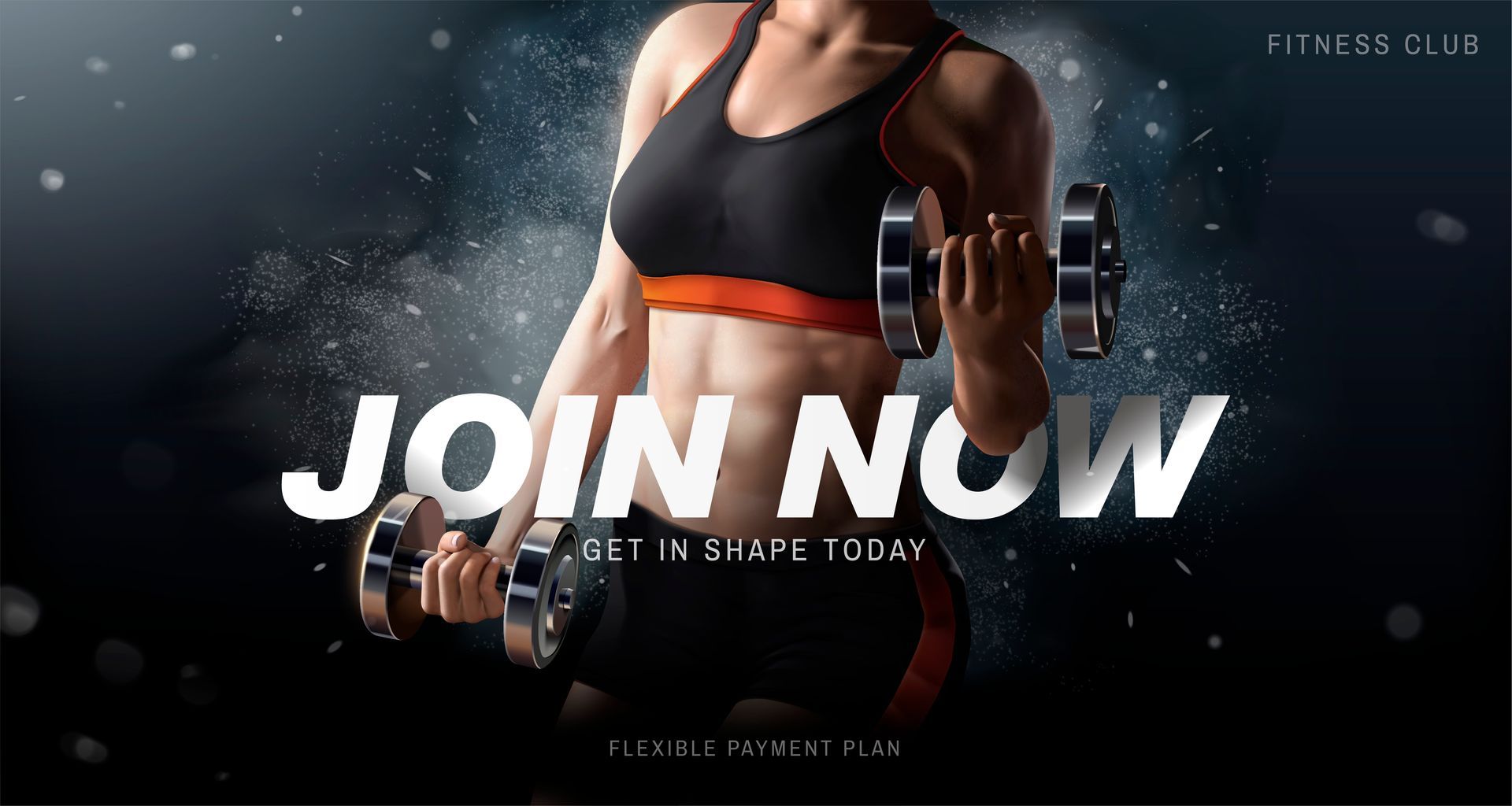 WOMAN IN GYM USES DUMBBELLS TO PROMOTE ONLINE MEMBERSHIP OFFER