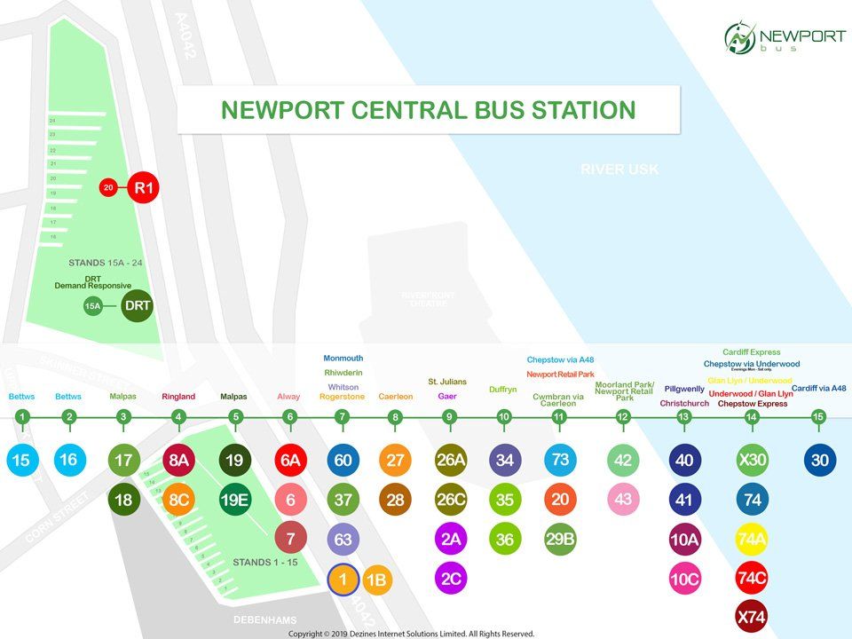 A map of the newport central bus station