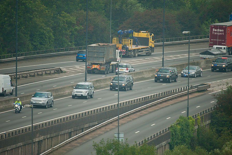 The President of the United States of America and Prime Minister David Cameron (both in the fourth vehicle along), returning to the Celtic Manor Resort, along the M4, Newport, Wales.