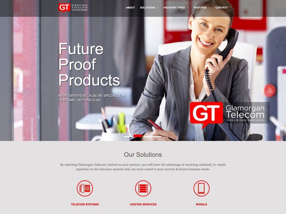 A gt telecom website shows a woman talking on a phone