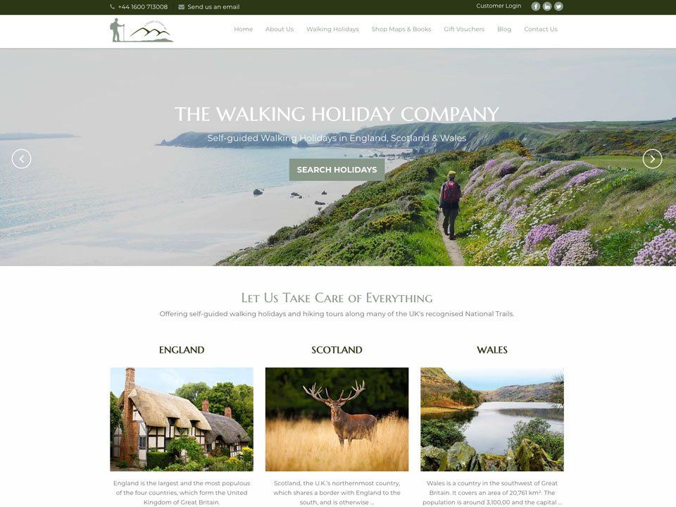 A website for the walking holiday company shows a man walking on a path
