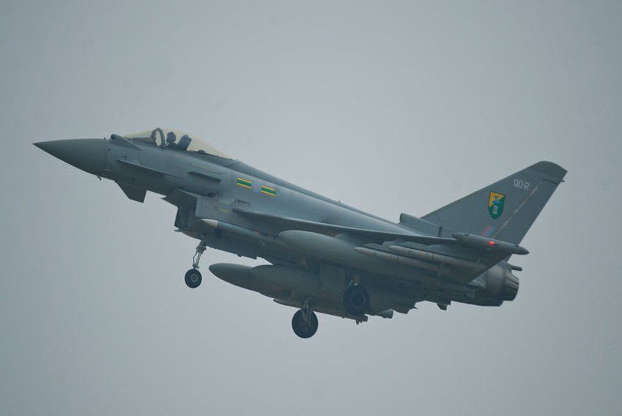 Typhoon fighter jet on final approach, Cardiff International Airport, Wales.