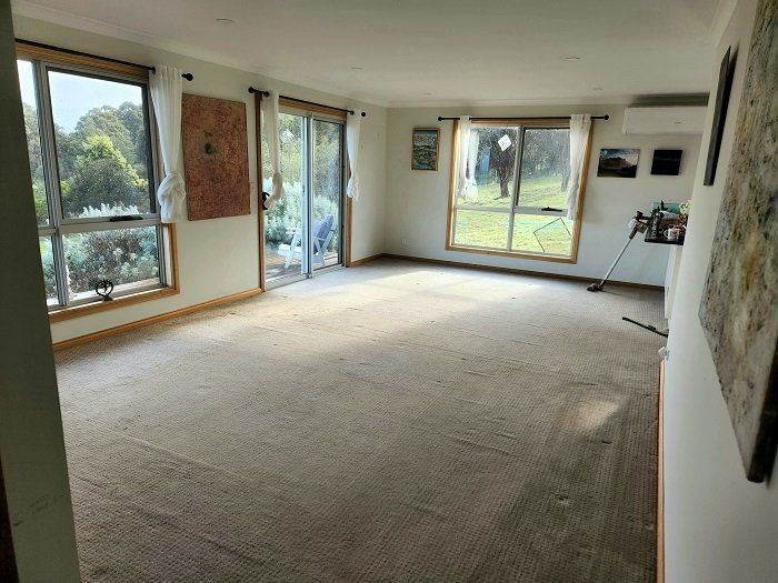 An empty living room with a lot of windows and a carpeted floor.