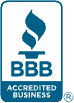 A blue and white logo for bbb accredited business.
