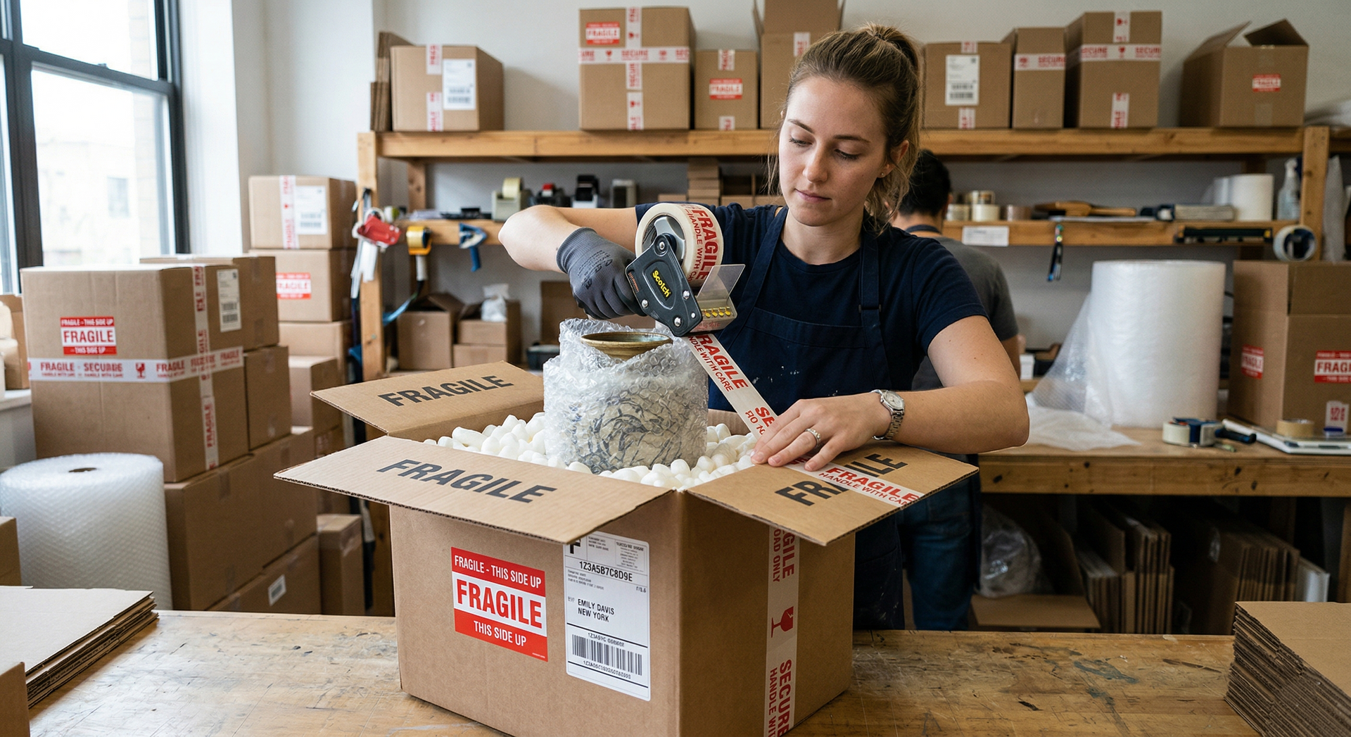 A person in a warehouse wearing gloves tapes a box filled with packing peanuts and a wrapped item for shipment.