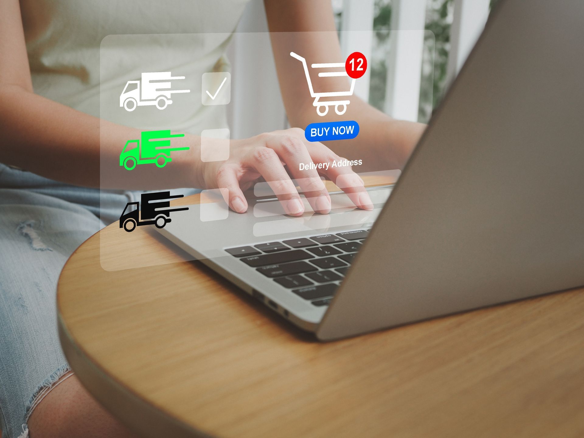 Woman using laptop, overlay displays online shopping options: shopping cart, delivery trucks.
