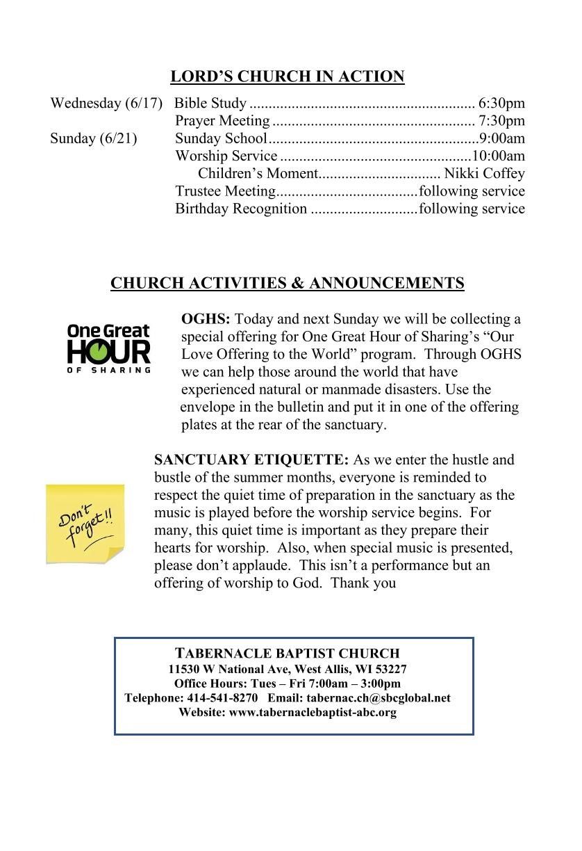 Tabernacle Baptist Church - Announcements