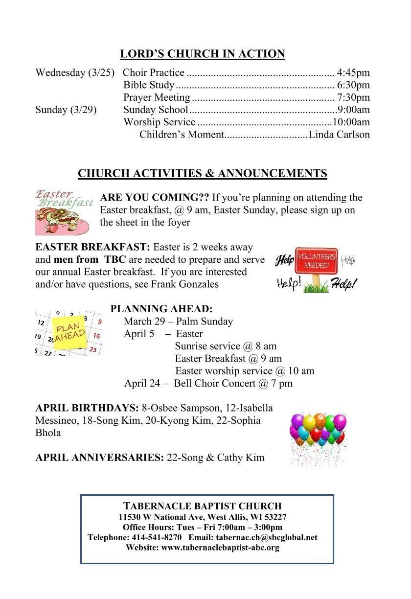 Tabernacle Baptist Church - Announcements