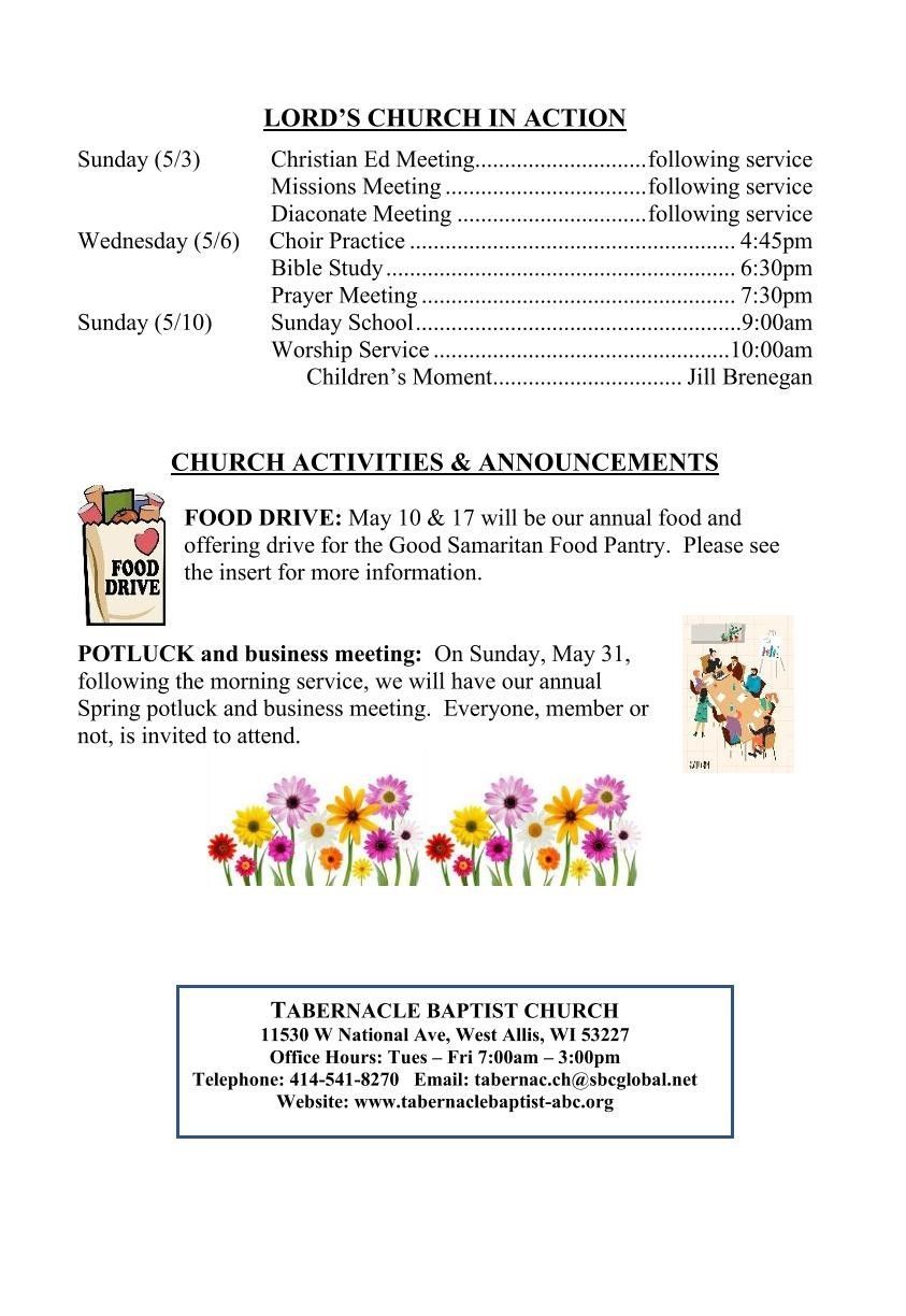 Tabernacle Baptist Church - Announcements