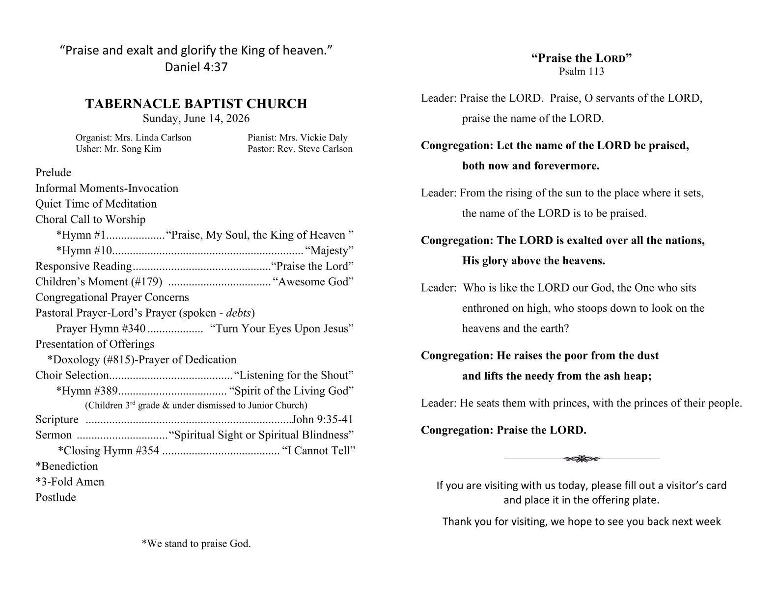 Tabernacle Baptist Church -Order of Service