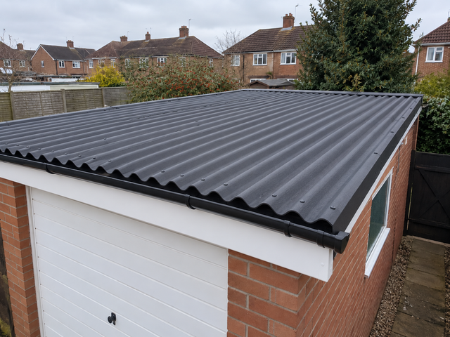 Garage with a new corrugated sheet roof, fascia and gutter