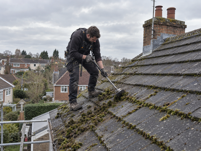 Roofer scraping thick moss off a tiled roof by hand