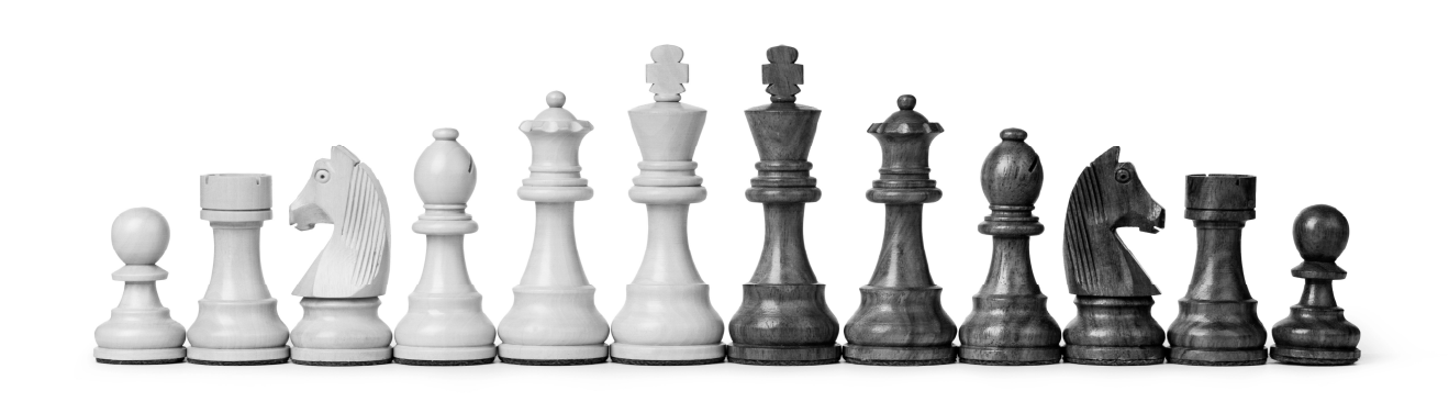 A row of black and white chess pieces lined up in a row on a white background.