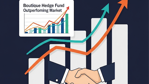 A man is shaking hands with another man in front of a graph.