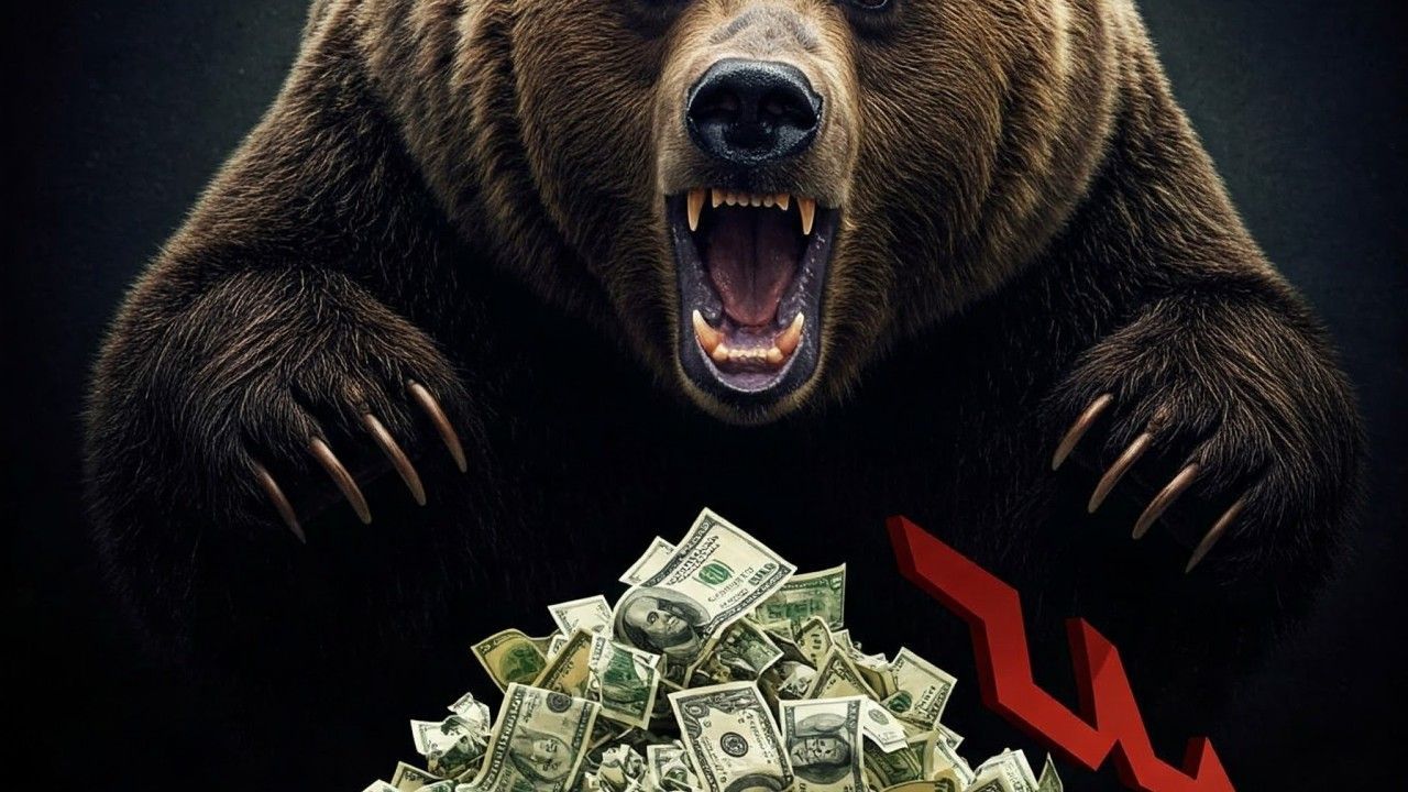 A bear is sitting on top of a pile of money.