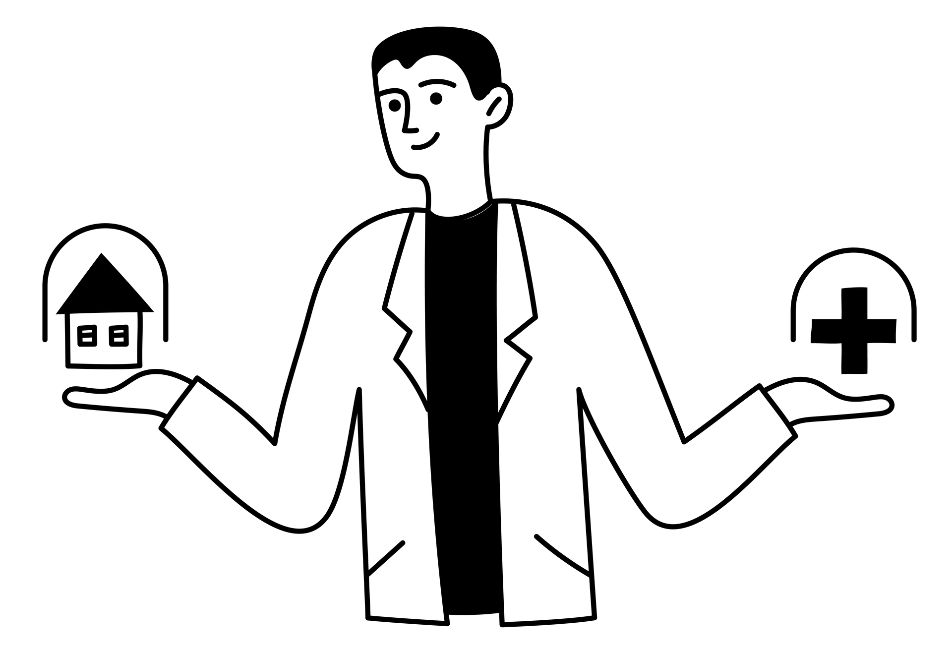 Doctor holding a hospital icon and a medical cross, symbolizing healthcare options