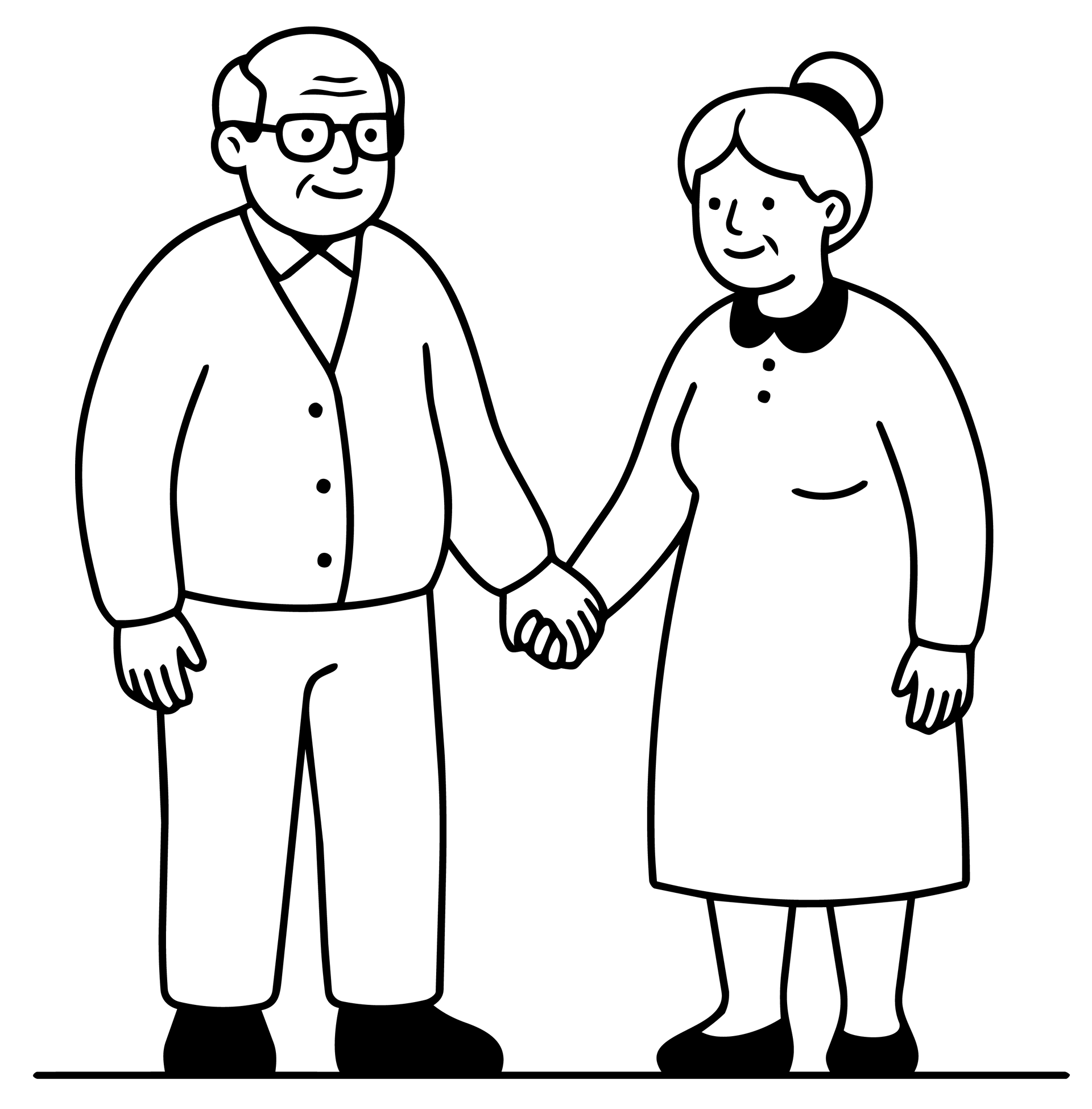 Two smiling people in simple black-and-white line art holding hands.