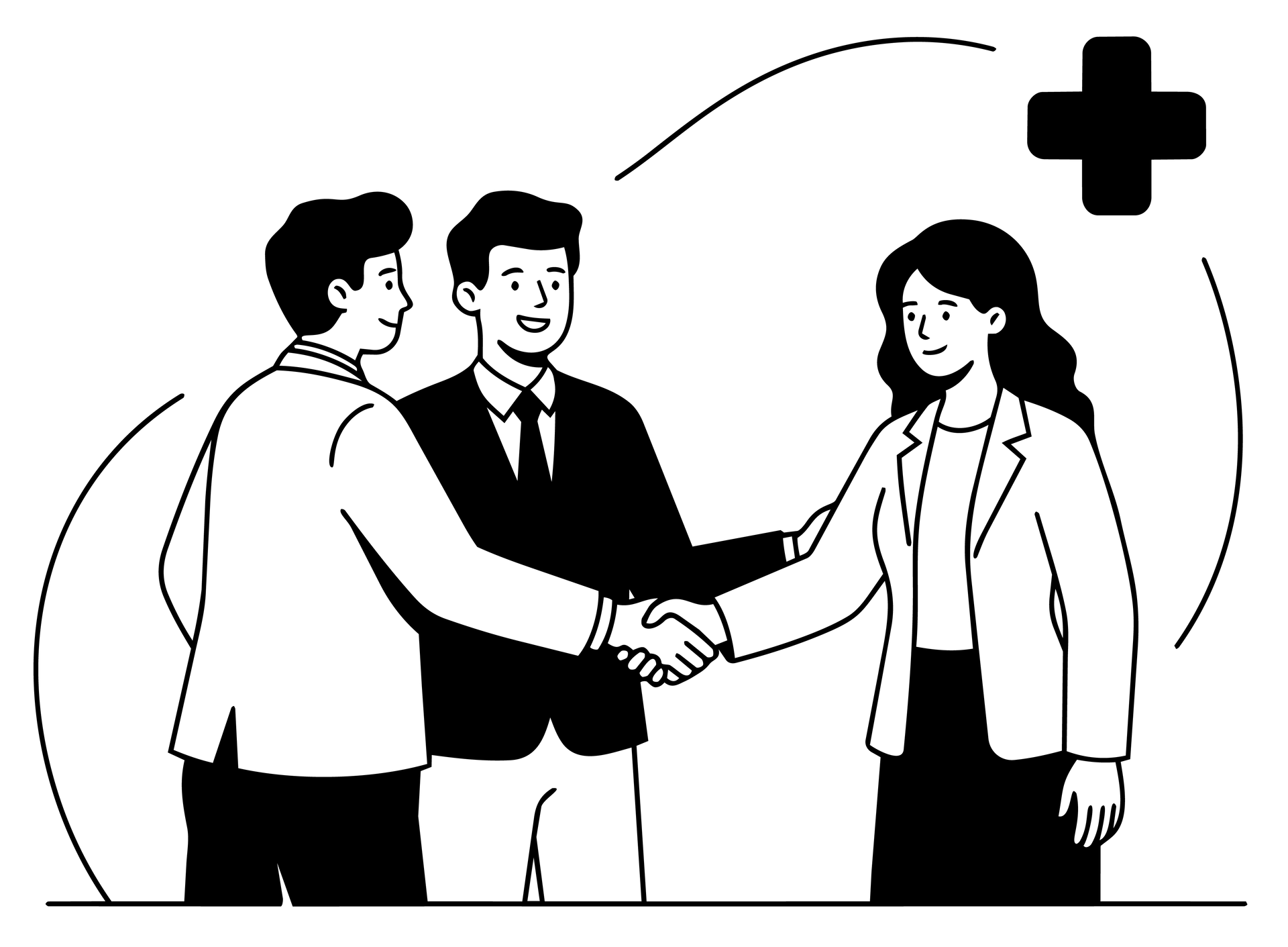 Three people shaking hands with a medical cross icon, suggesting healthcare partnership.
