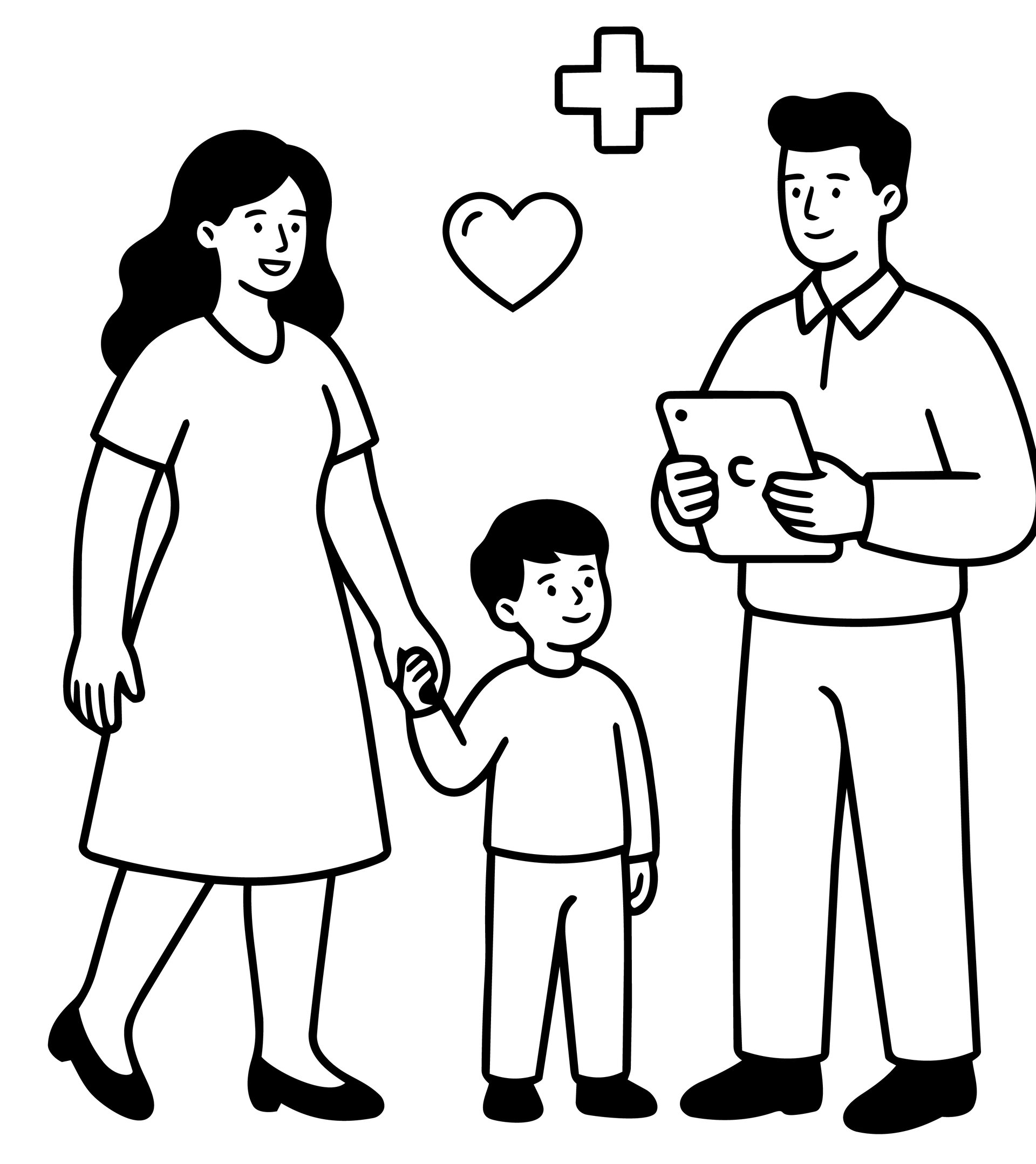 Family of three holding hands with a heart and cross above them, suggesting love and faith.