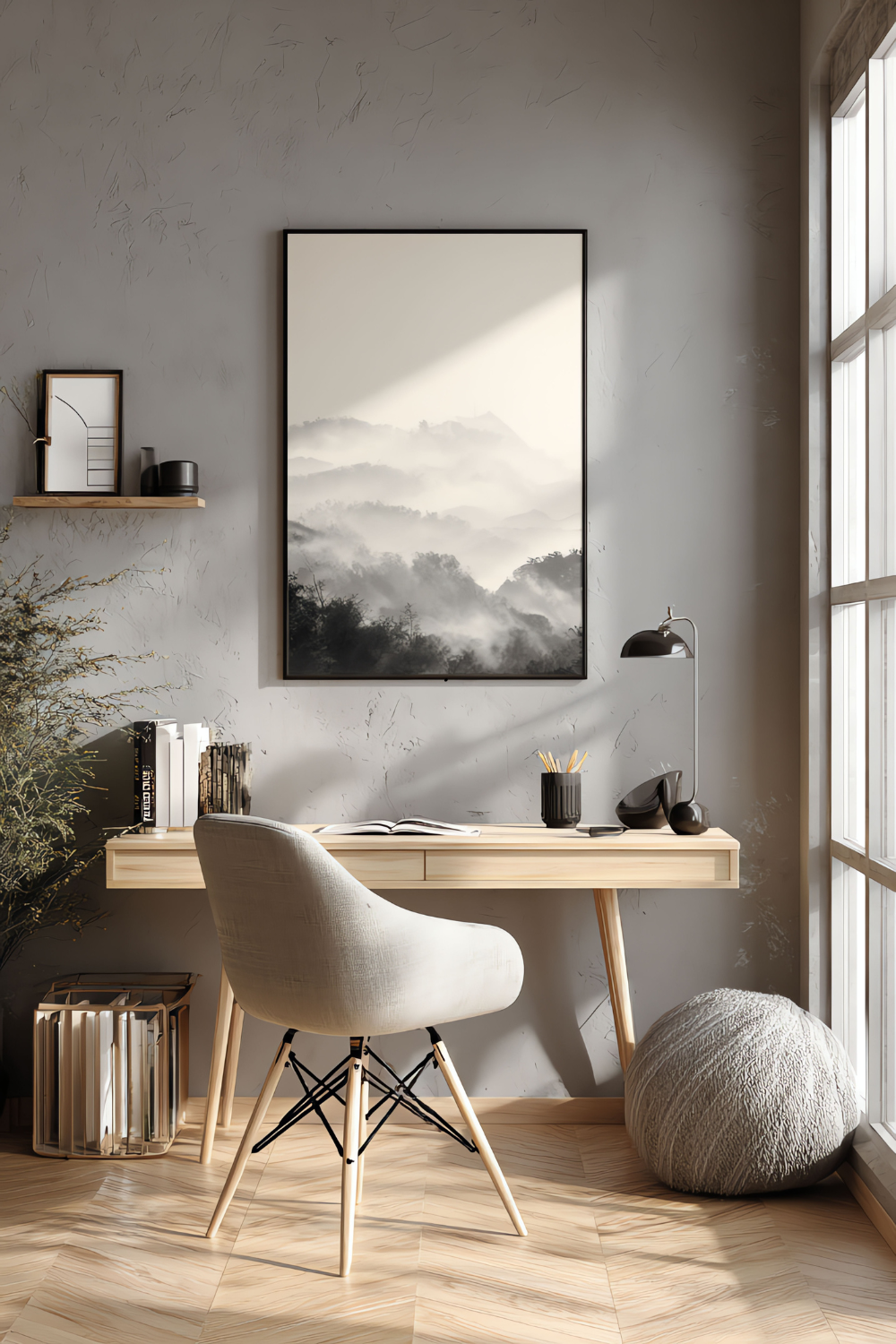 Desk with art print of foggy mountains, near a window; minimalist office.