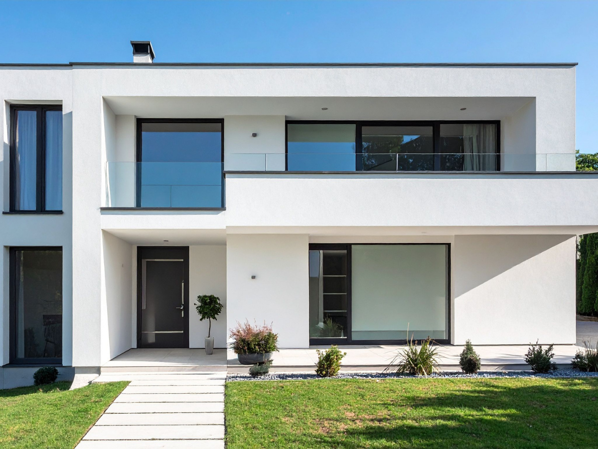 White painted wooden deck with latticework base, steps, and railing, set in a yard with trees.