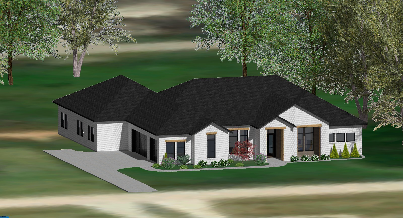 A large white house with a wooden roof and a brick walkway leading to it.