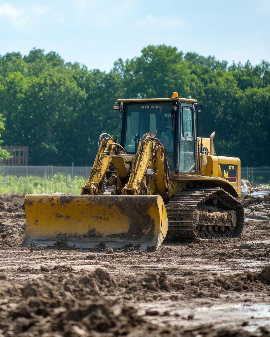 A bulldozer is moving dirt in a muddy field.