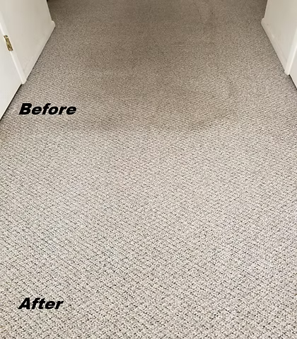 A before and after picture of a carpet in a hallway.