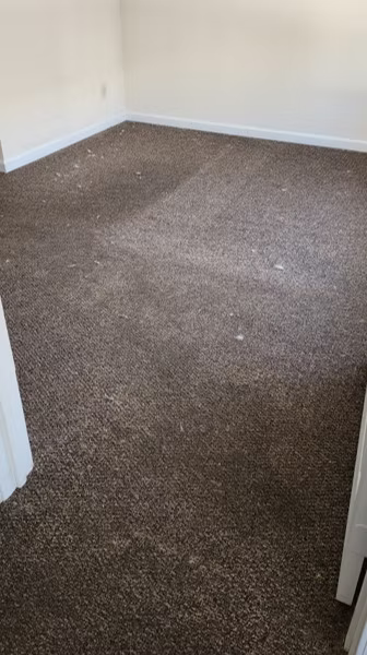 A room with a brown carpet and white walls.