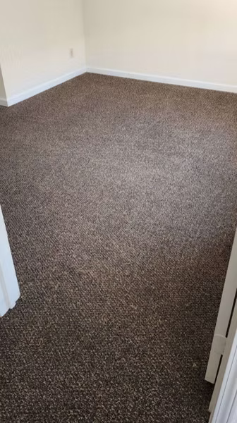 An empty room with a brown carpet and white walls.