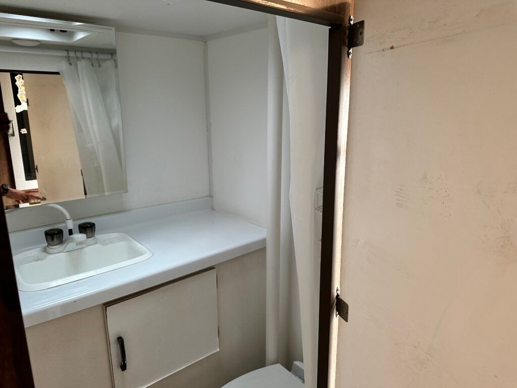 A bathroom with a sink , toilet , mirror and shower curtain.