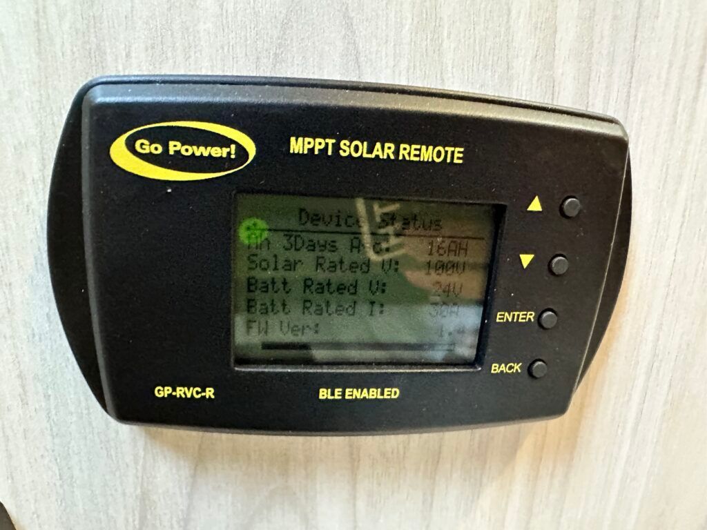 A go power mppt solar remote is displaying a device status