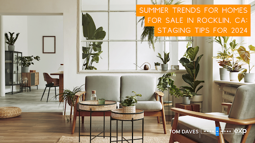 A cozy living space with modern, light-colored furniture, abundant natural light, and green plants. Rocklin Real estate summer trends blog post cover. 