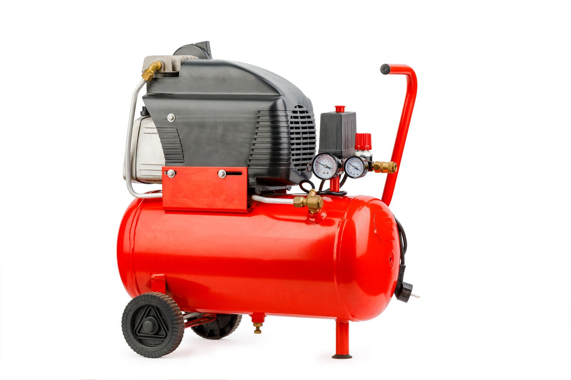 A red air compressor with wheels on a white background.