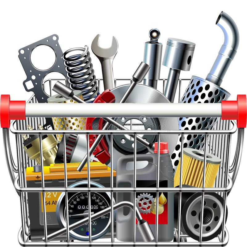 A shopping cart filled with car parts and tools.