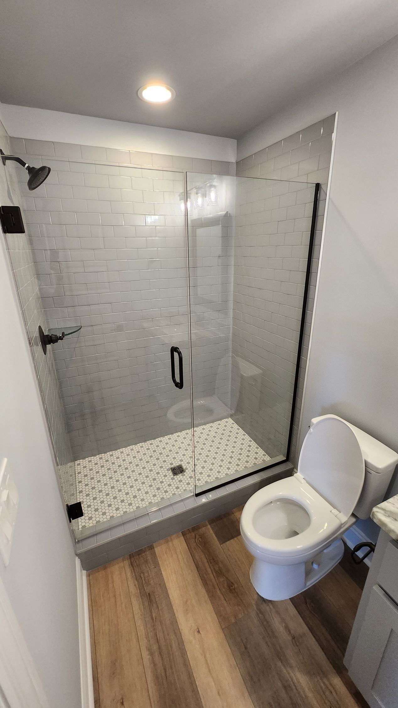 Modern bathroom with a glass shower, toilet, and wooden floor.