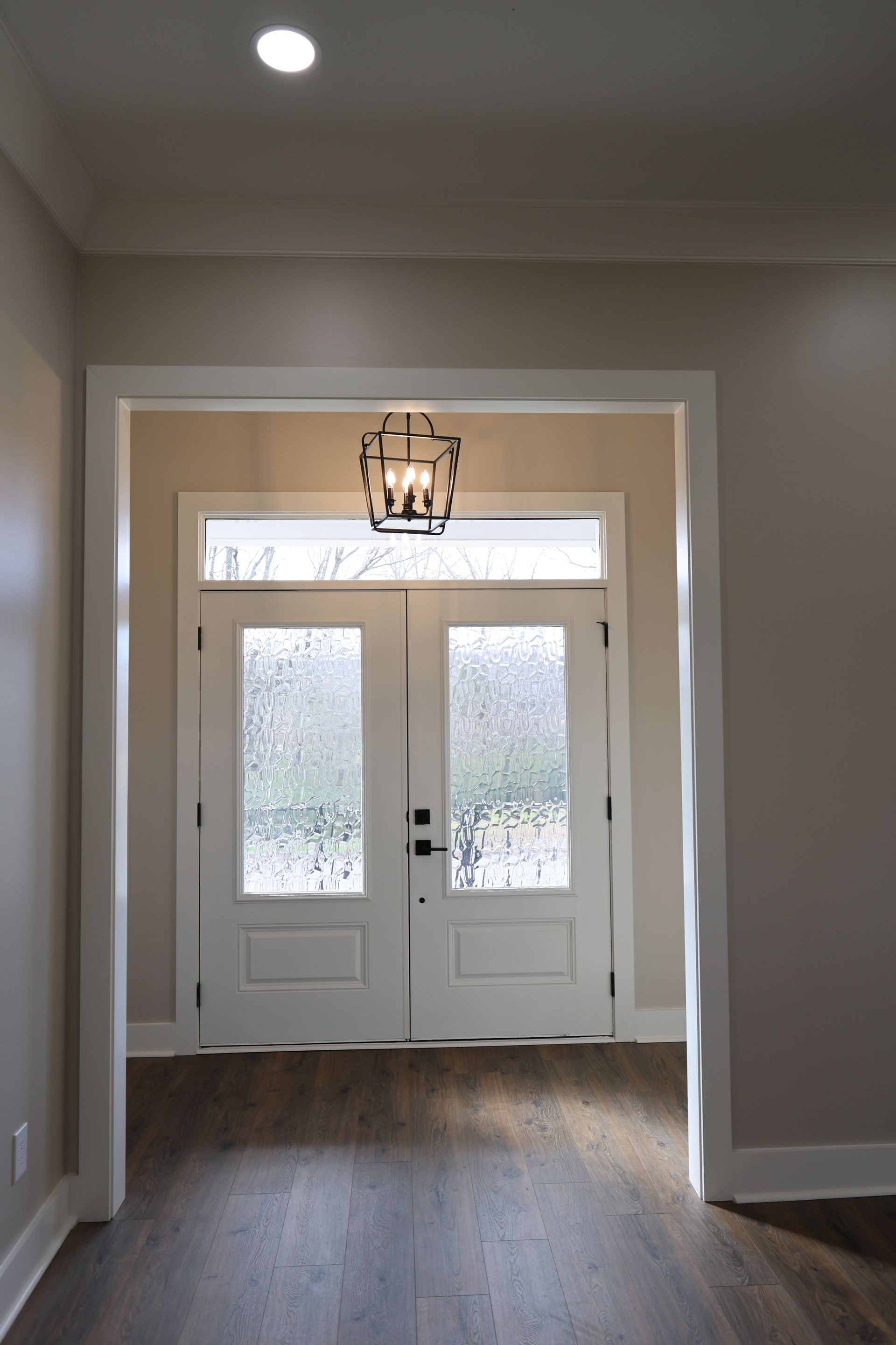White double doors with textured glass, framed by a white trim, under a light fixture. Dark wood floors.