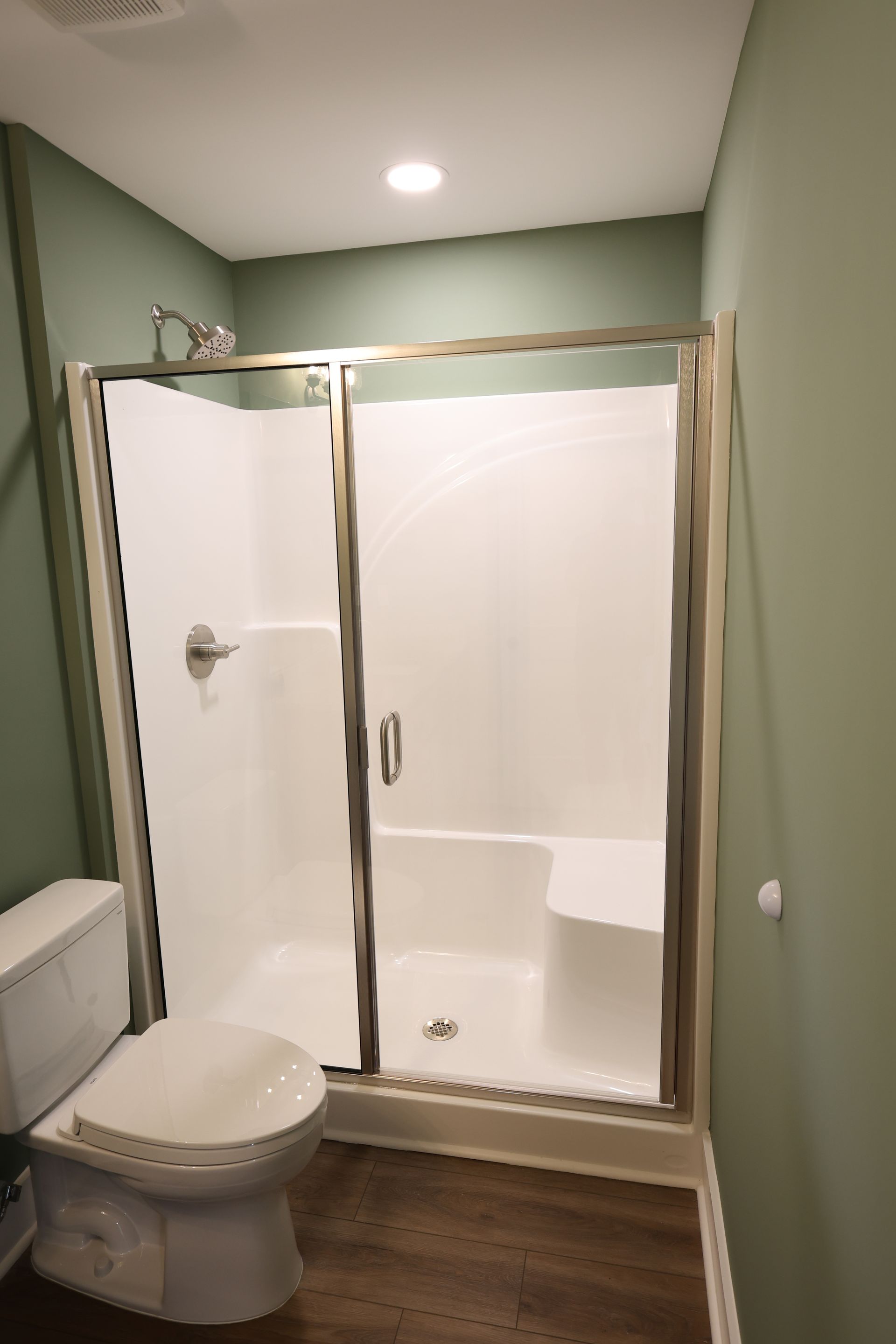 A bathroom with a white shower, toilet, and green walls. Dark wood-look floor.