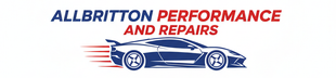 Logo for Allbritton Performance and Repairs, with a blue and red car in motion.
