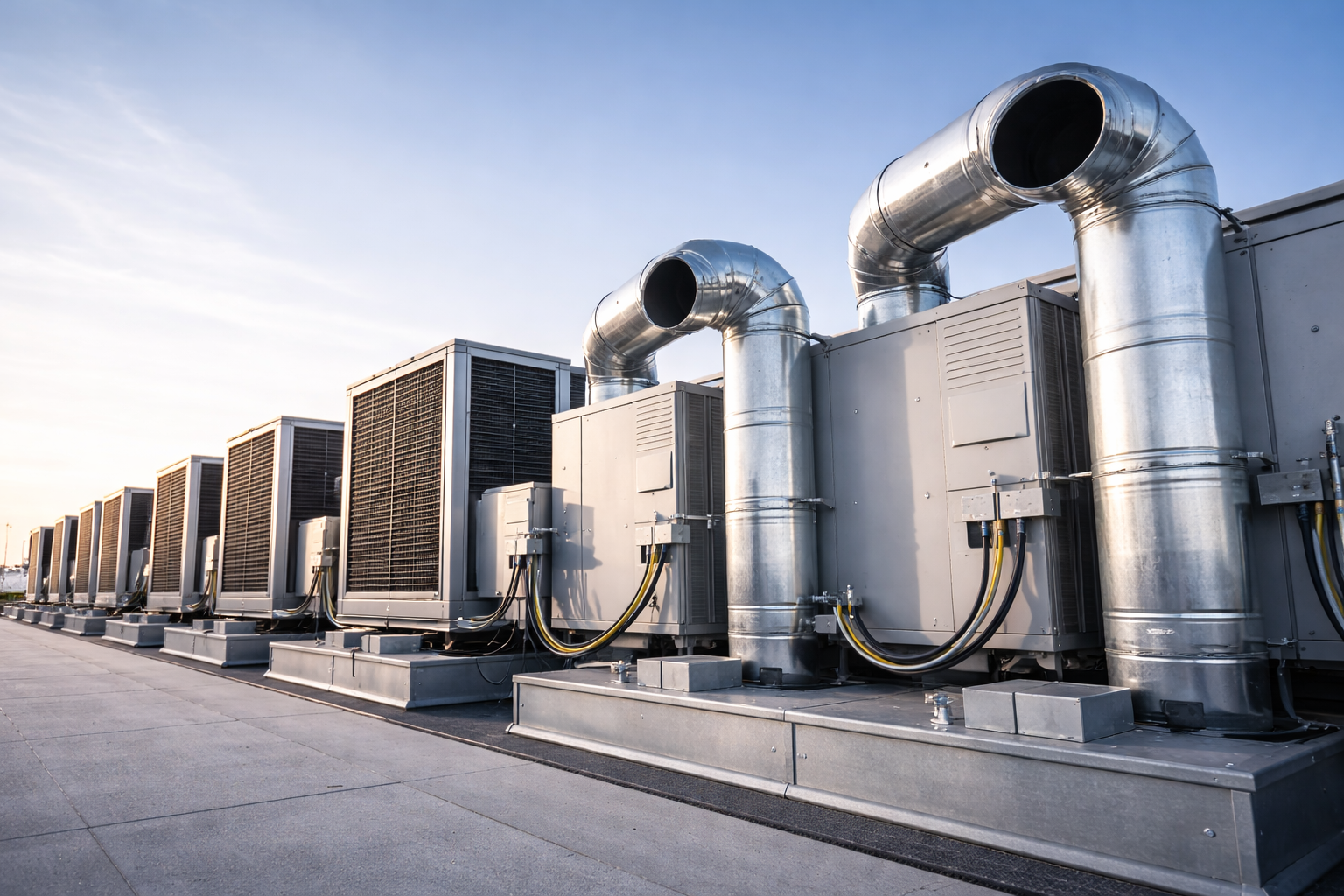 A row of silver HVAC units with large metal vents stands on a rooftop against a clear blue sky.