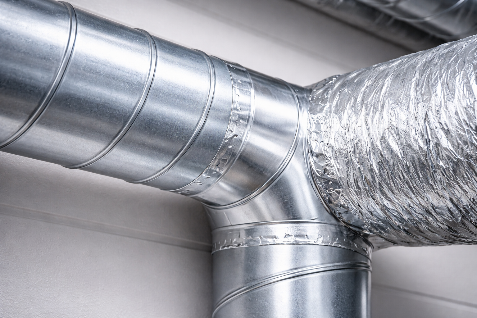 A metal HVAC duct system showing a rigid spiral pipe connection branching into a flexible, foil-insulated duct.