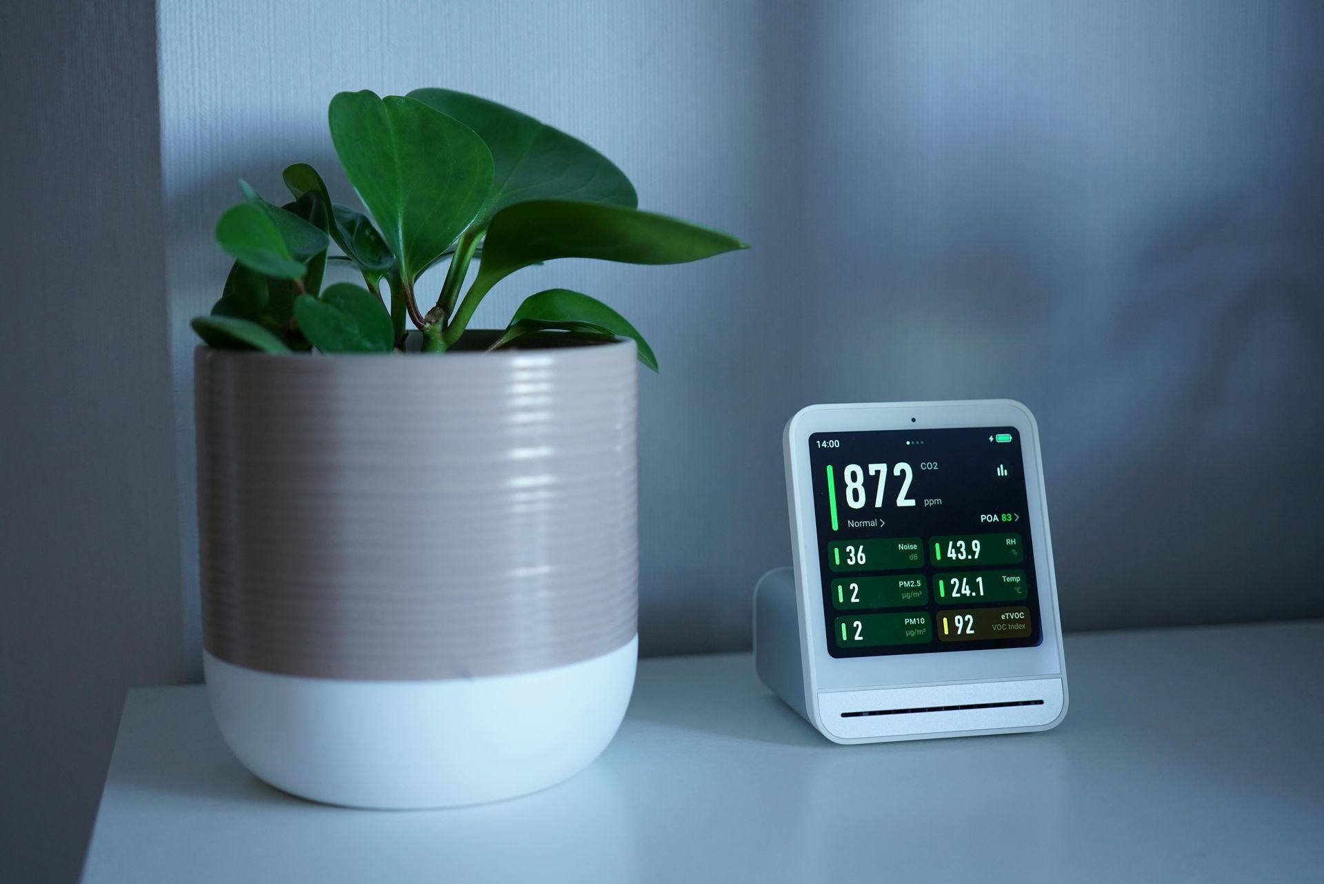 A green potted plant sits next to a digital smart display showing air quality statistics on a white surface.